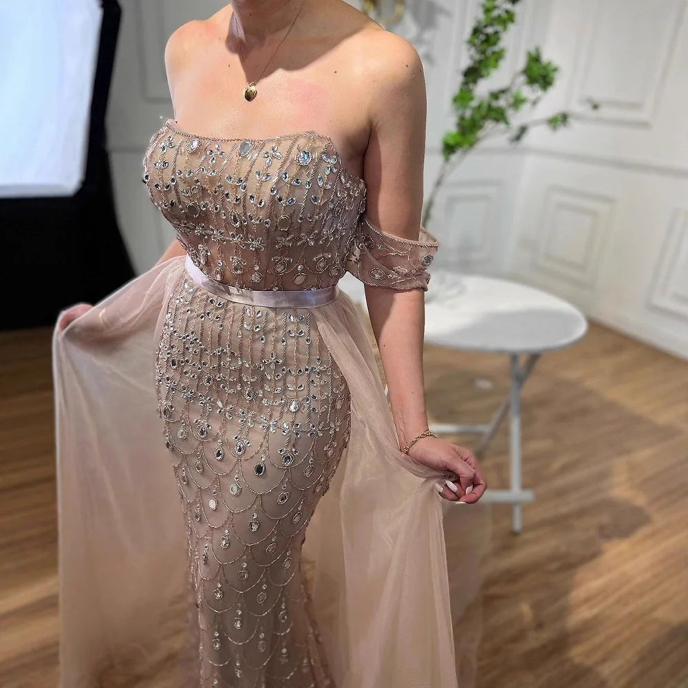 Luxury Caramel Beaded Mermaid Evening Dress with Overskirt LA71922