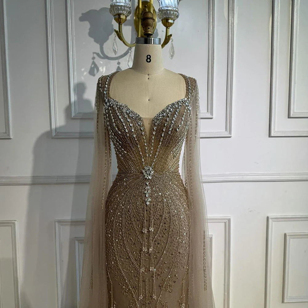 Elegant Beige Beaded Evening Dress with Cape Sleeves LA72992
