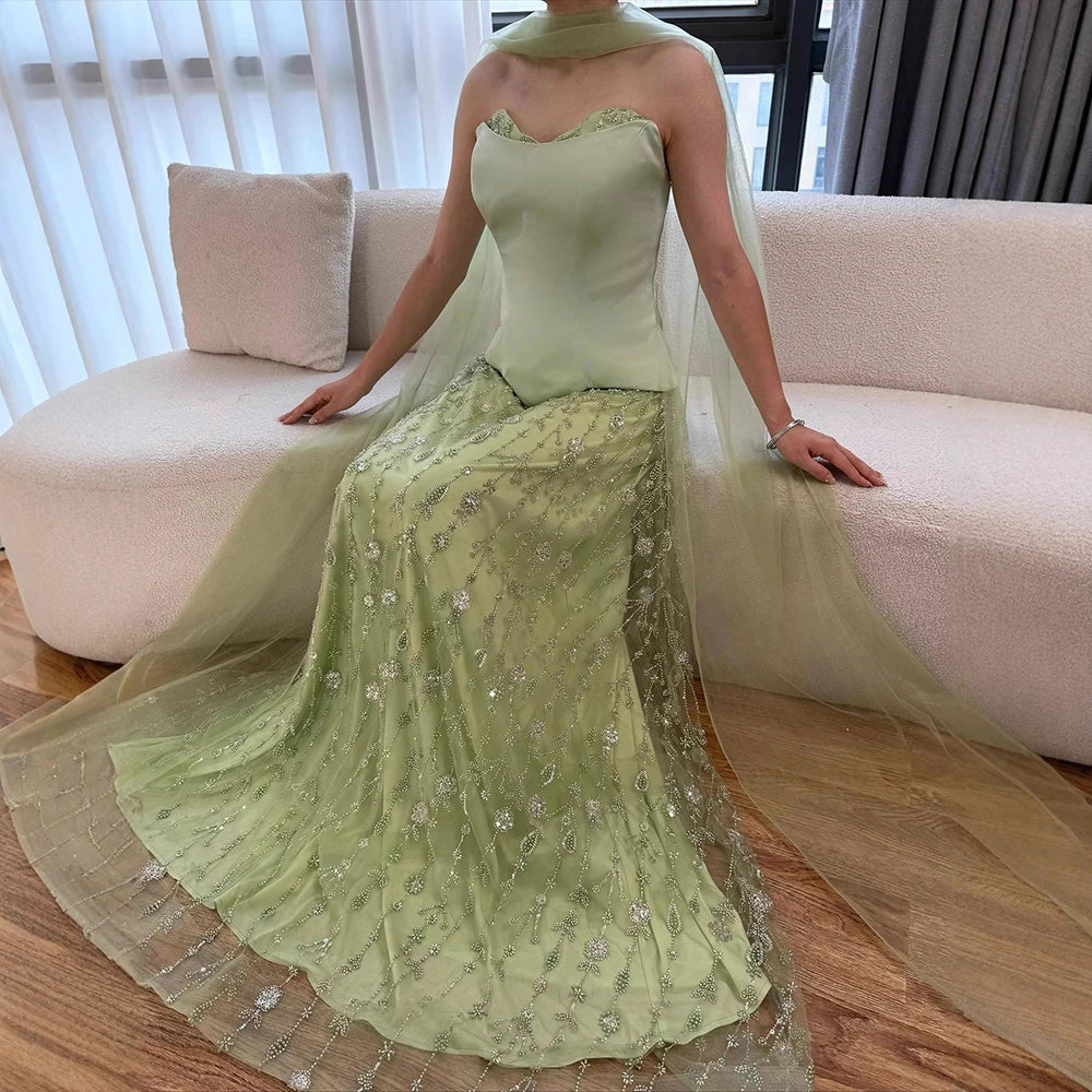 Luxury Sage Green and Pink Arabic Strapless Beaded Evening Dress LA72805D