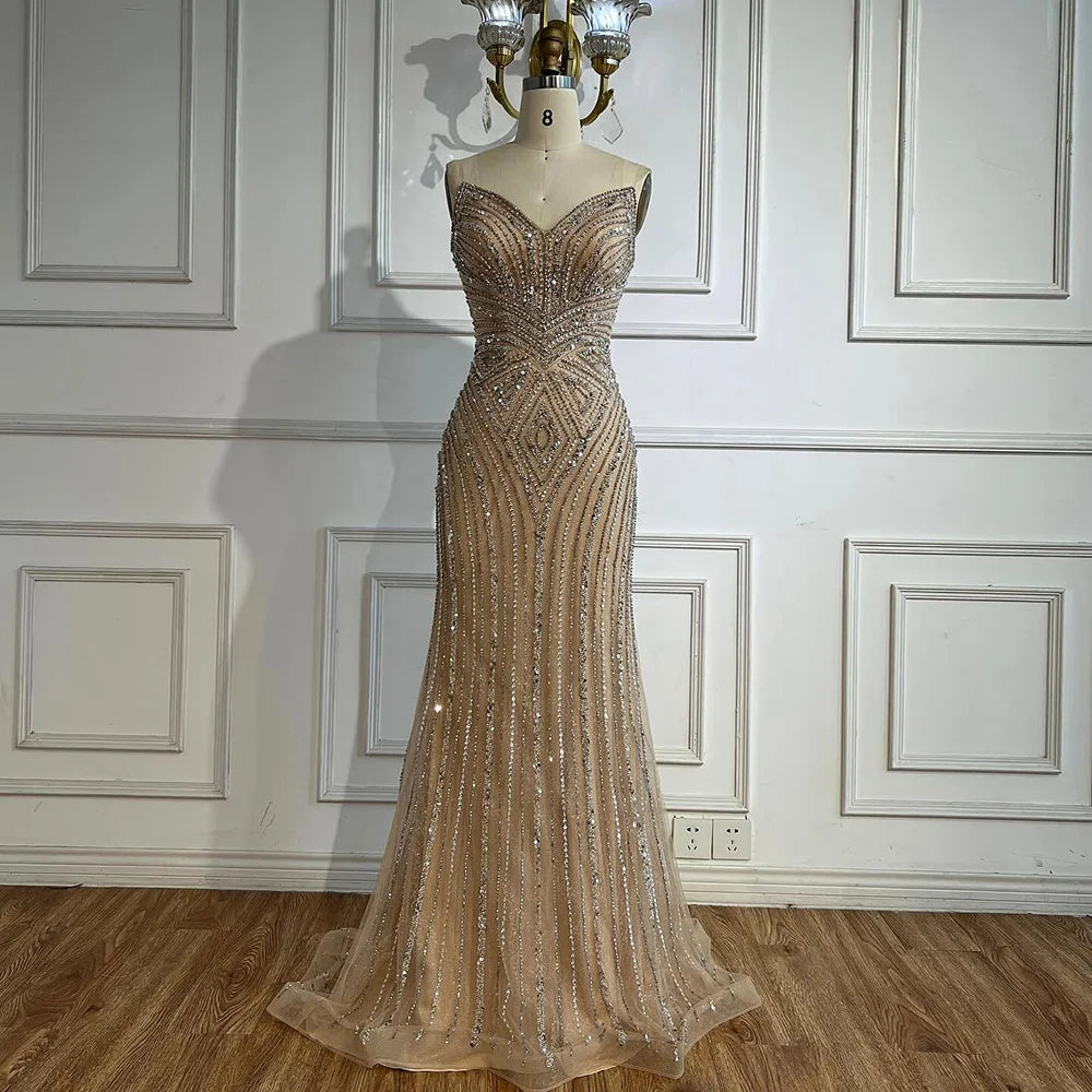 Luxury Nude V Neck Beaded Mermaid Evening Dress Sleeveless LA72981