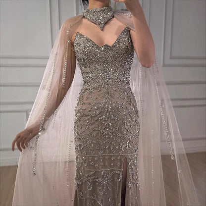Luxury Sexy Split Evening Dress With Cape Nude LA73339