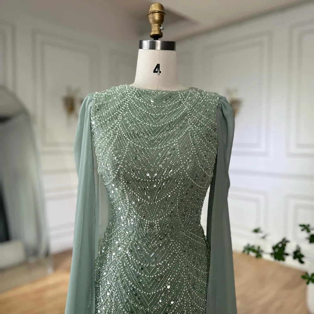 Luxury Blue Mermaid Evening Dress with Cape Sleeves Beaded Gown LA72160A
