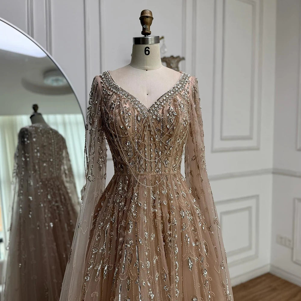 Luxury Nude Beaded Evening Dress with Cape Sleeves for Formal Occasion LA72764A