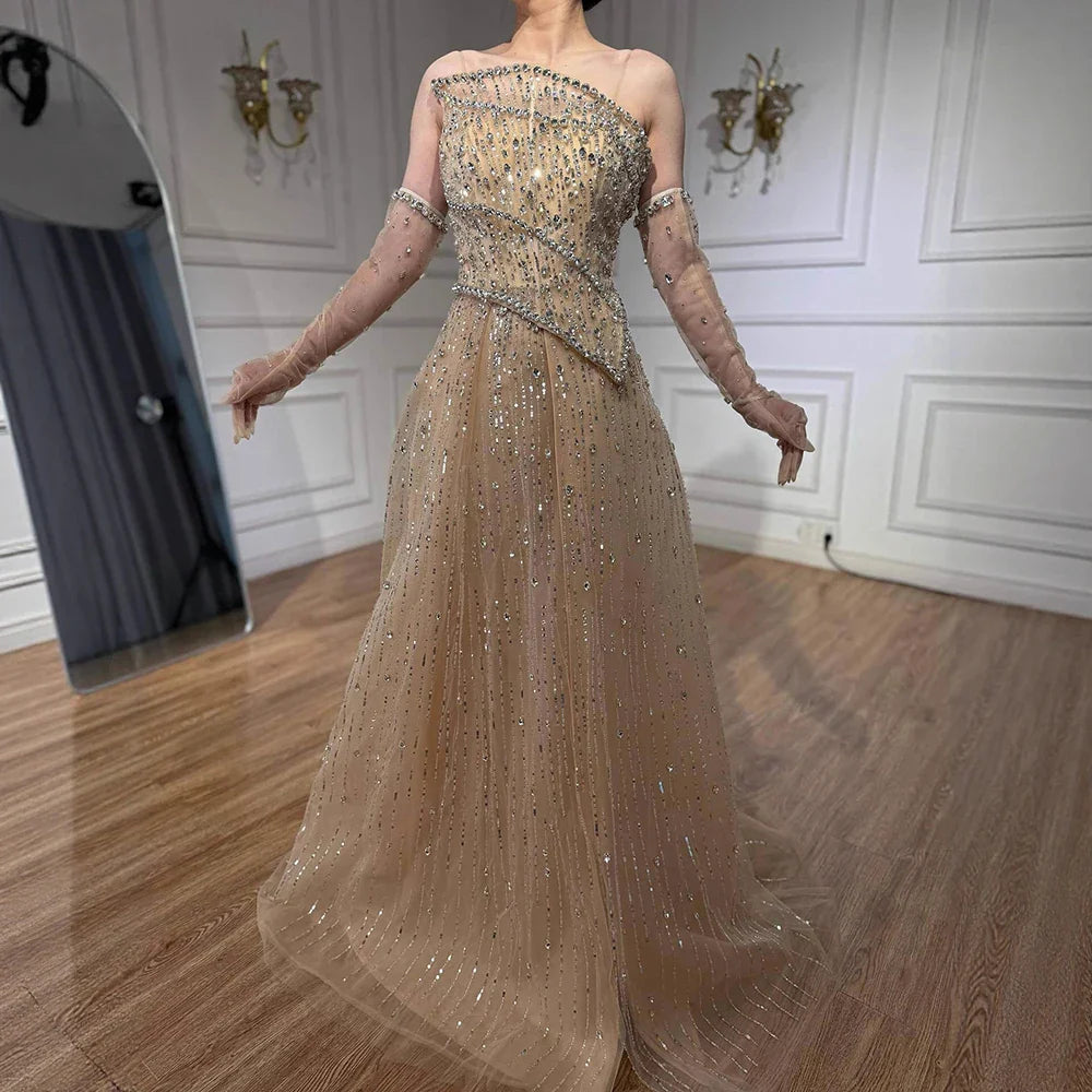 Luxury Nude Crystal Beaded A-Line Evening Dress with Split LA72949