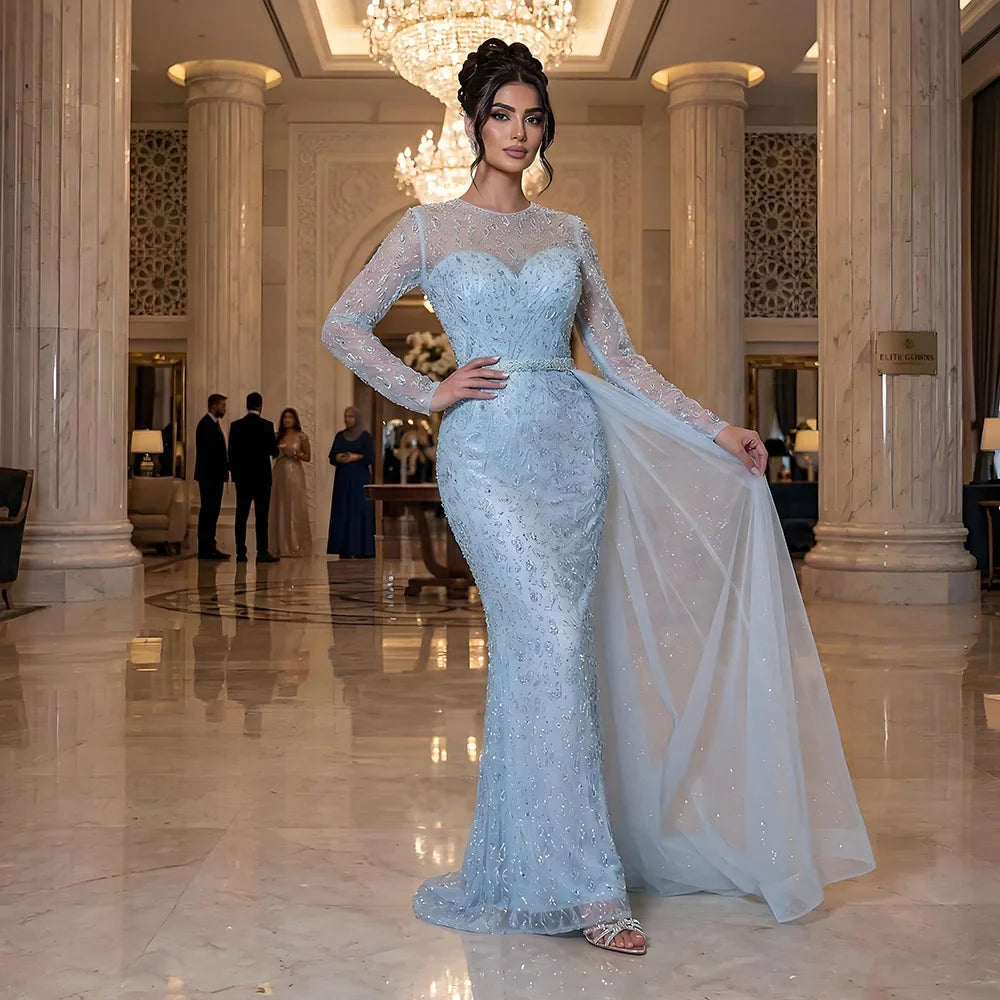 Luxury Dubai  Elegant Blue Saudi Arabic Evening Gown with Beaded Side Overskirt Dress for Formal Occasion LA72734