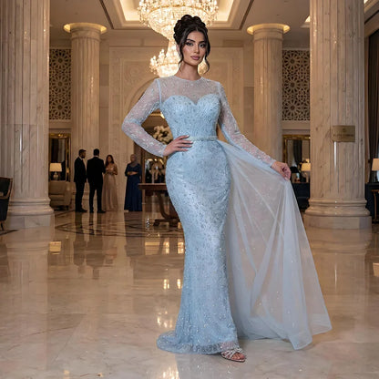 Luxury Dubai  Elegant Blue Saudi Arabic Evening Gown with Beaded Side Overskirt Dress for Formal Occasion LA72734