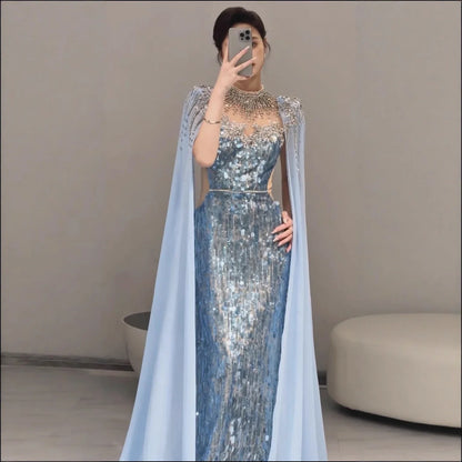Luxury Dubai Blue Mermaid Evening Dress with Cape LA73419