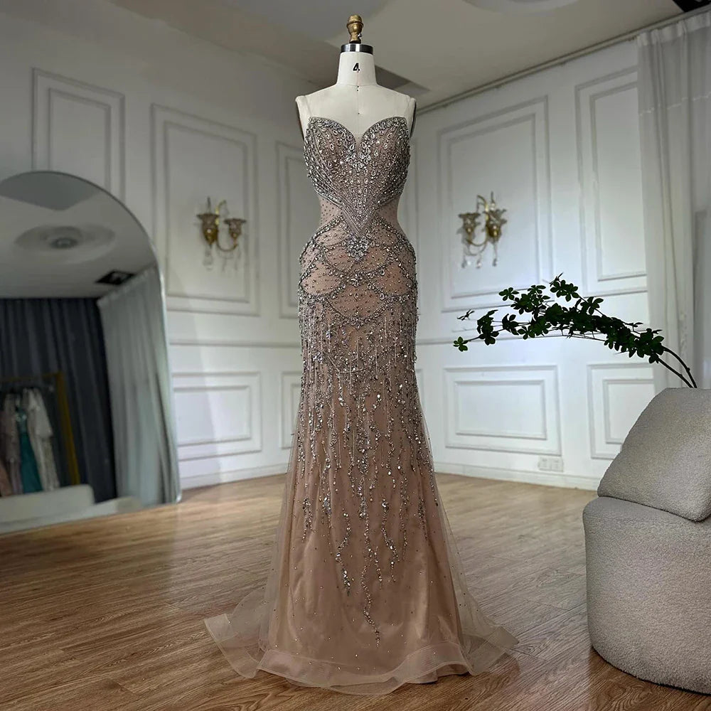 Luxury Nude Cape Sleeves Beaded Crystal Evening Dress LA72806