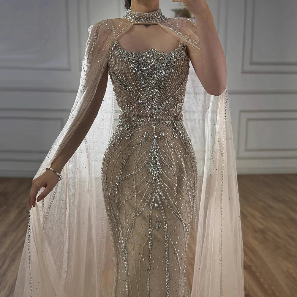 Luxury Dubai Nude Mermaid Evening Dress with Cape Sleeves LA73195