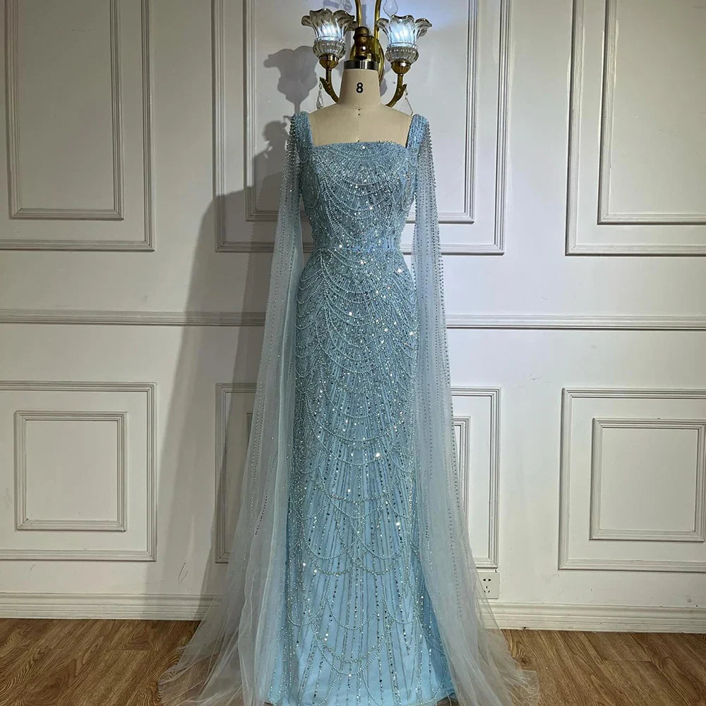 Luxury Turquoise Pearl Arabic Mermaid Evening Dress with Cape Sleeves LA72590A