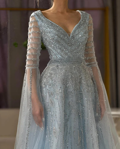 Luxury Dubai  Arabic Caramel Elegant A-Line Beaded Long Evening Dresses Gowns with Cape Sleeves for Formal Occasion LA72750