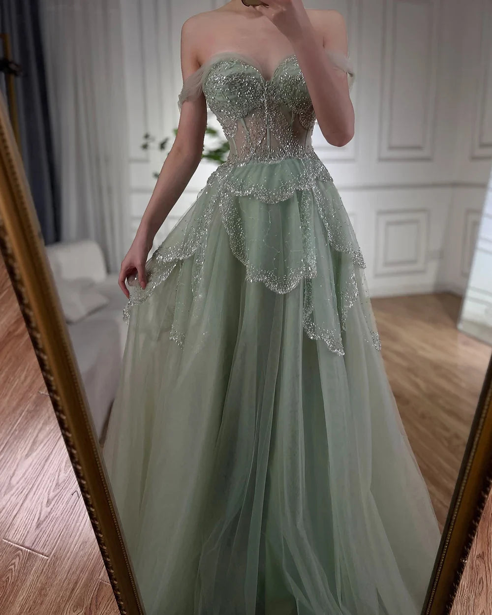 Luxury Sage Green Beaded A-Line Off Shoulder Evening Dress LA72605