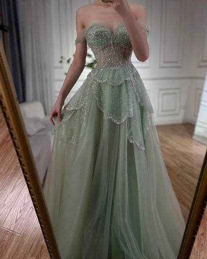 Luxury Sage Green Beaded A-Line Off Shoulder Evening Dress LA72605