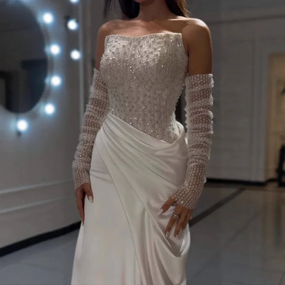 White   Beaded Evening Dress with Detachable Sleeves LA72293A