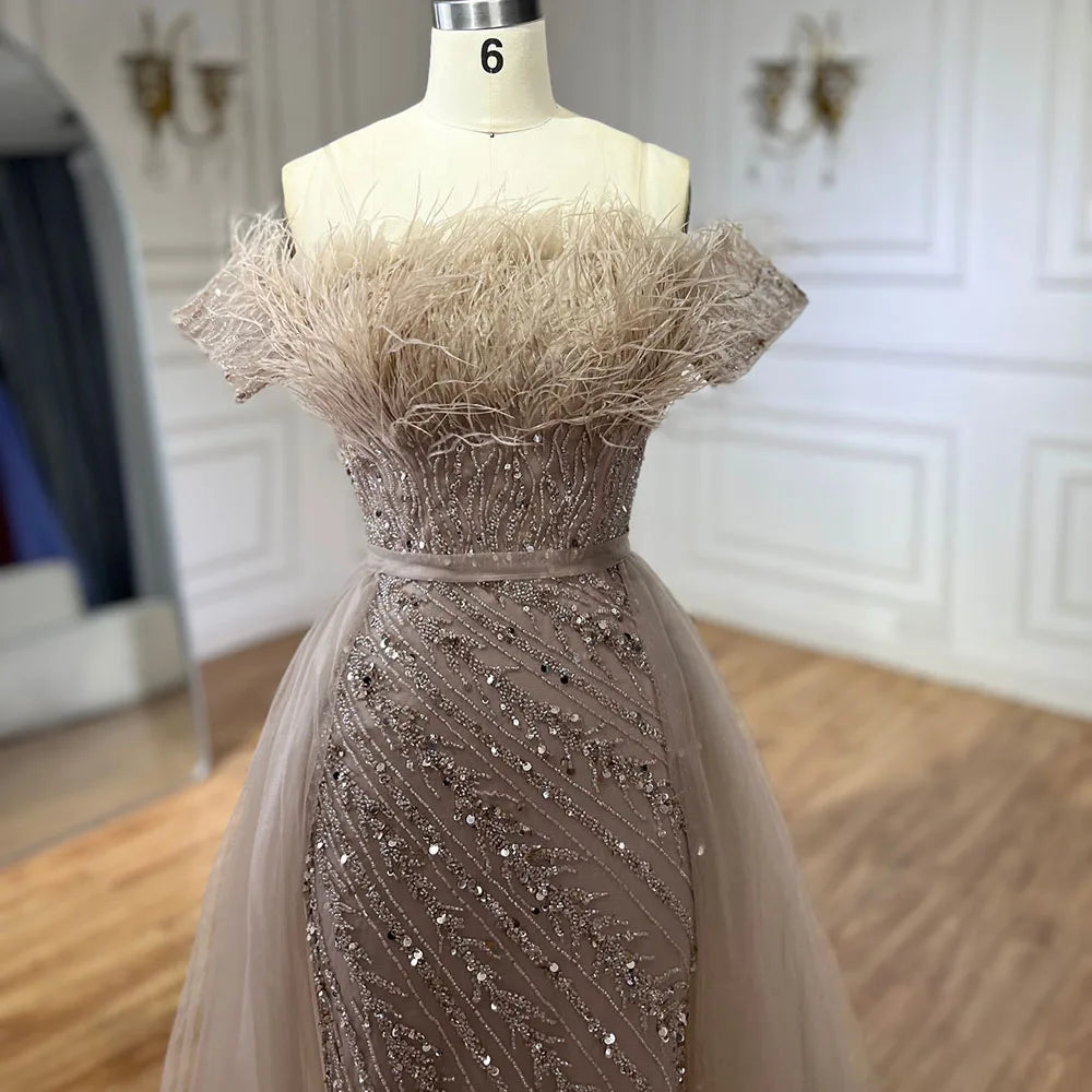 Luxury Dubai Saudi Arabic Beaded Caramel Mermaid Elegant Evening Dresses Gowns with Overskirt LA71634A