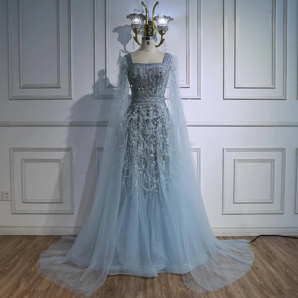 Elegant Blue Beaded Feather A-Line Evening Dress With Cape  LA73043