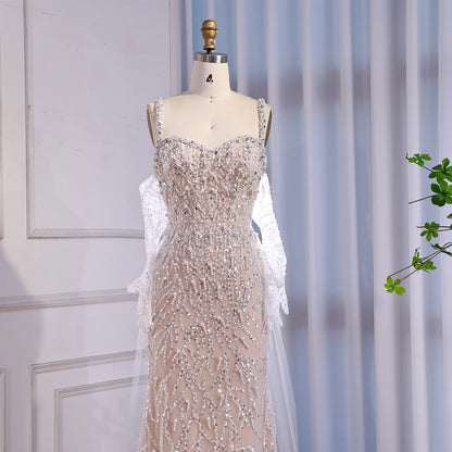 Luxury Lace Pearls Mermaid Evening Dress With Glove White Nude LA72345E