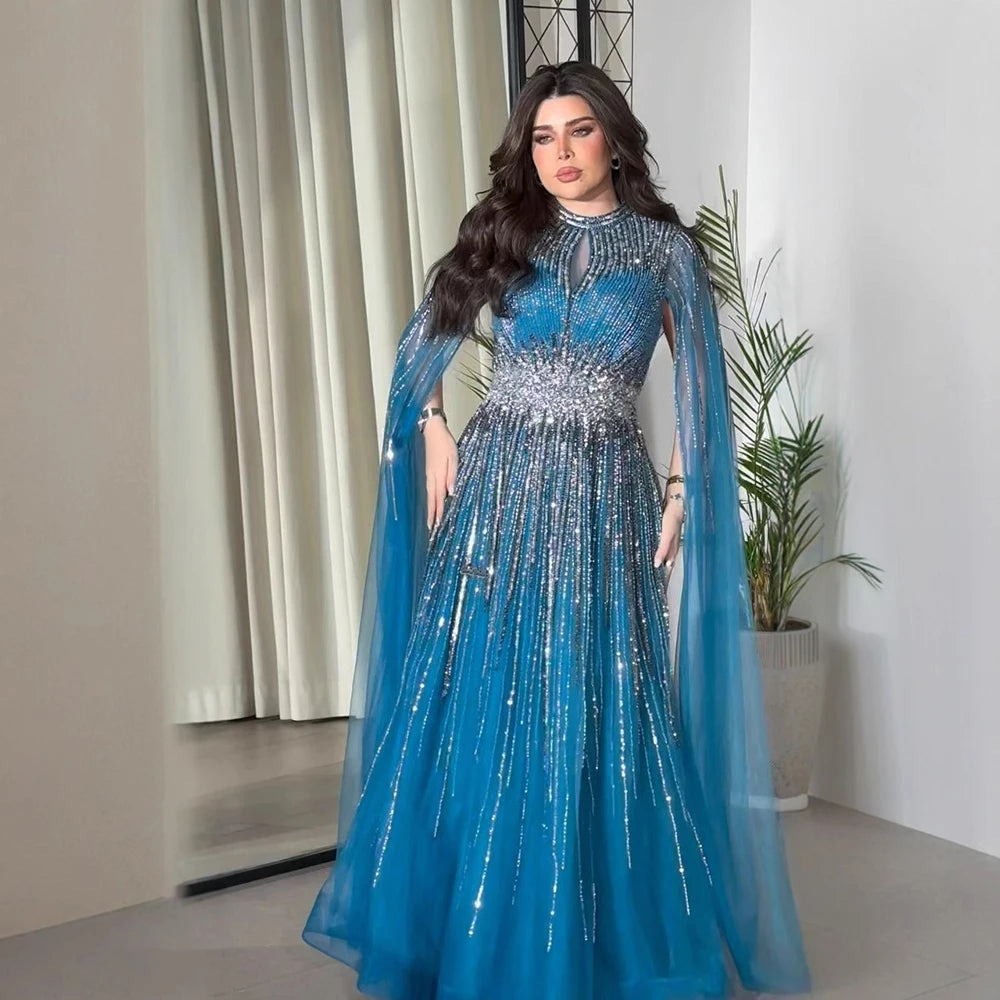 שמלת ערב יוקרתית צנועה עם חרוזים כחולים וגליפת גלימה LA73059