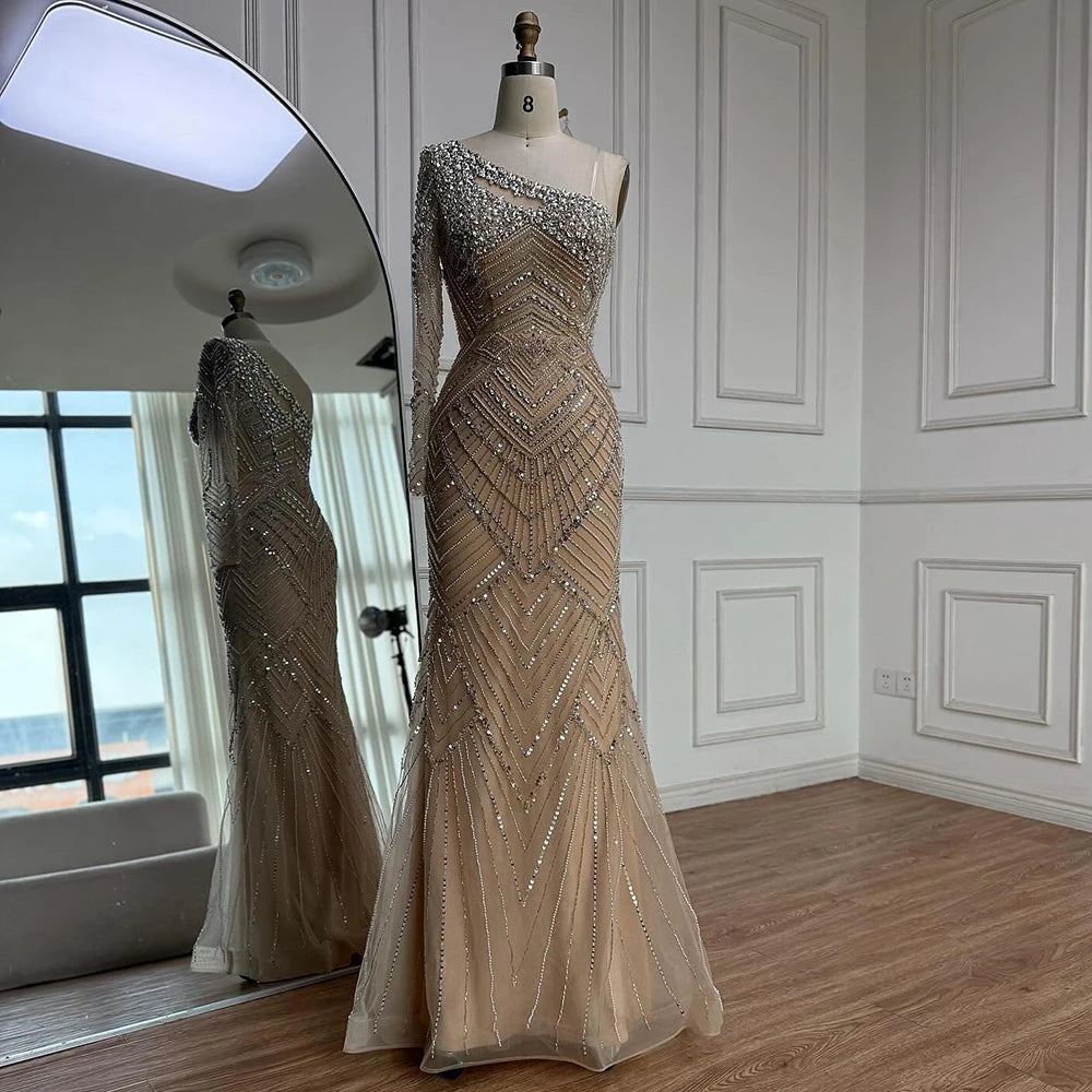 Luxury Nude One Shoulder Long Sleeve Beaded Evening Dress LA73180