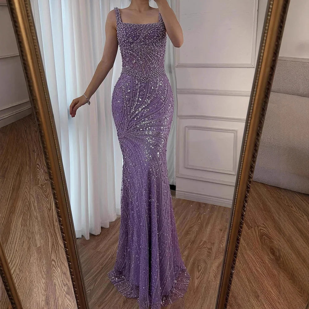 Luxury White Nude Pearl Beaded Mermaid Evening Dress LA72266