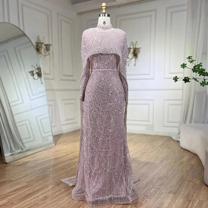 Luxury Nude Mermaid Evening Dress with Cape Dubai Arabic Style LA72032M