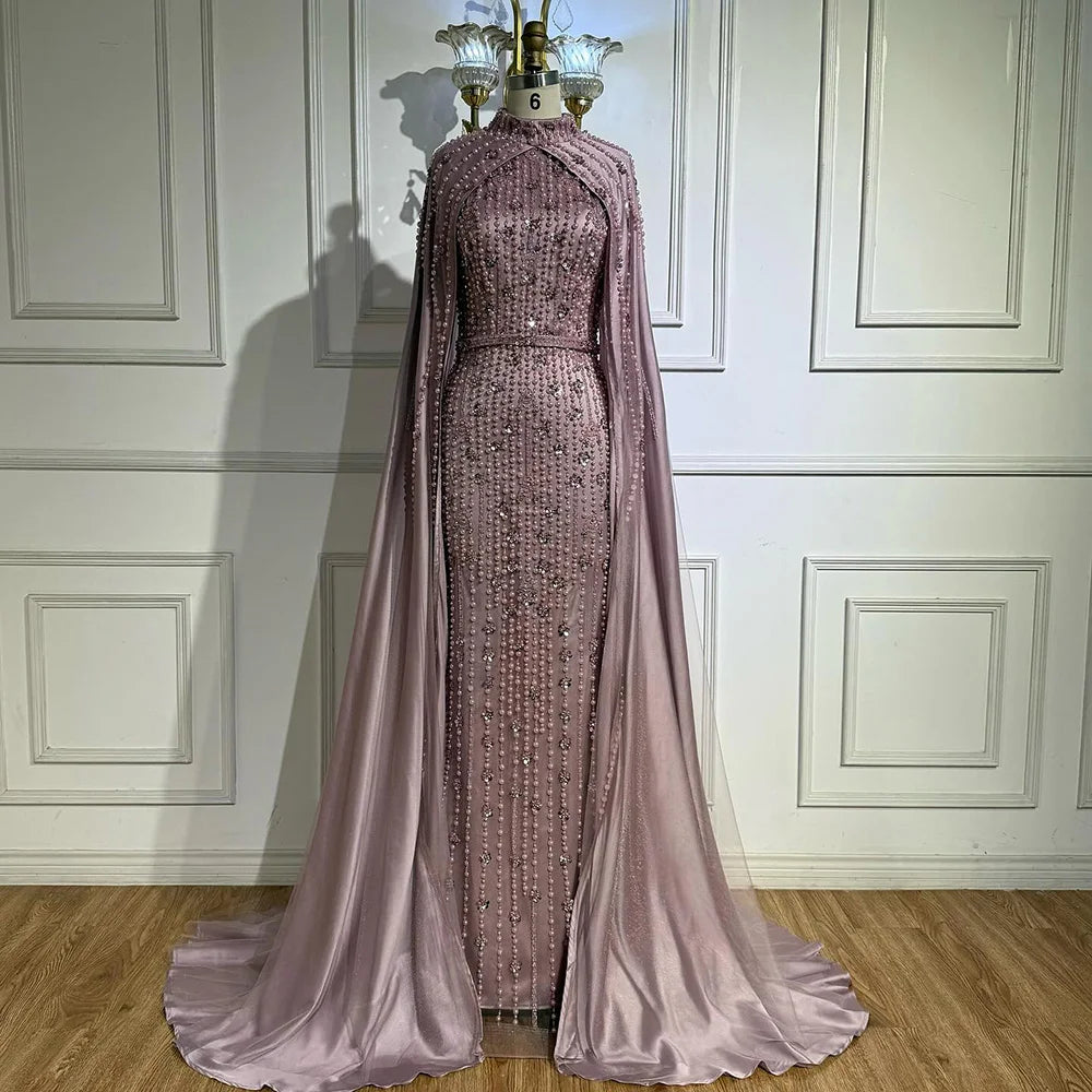 Luxury Blue Muslim Mermaid Beaded Evening Gowns with Cape Sleeves LA72533
