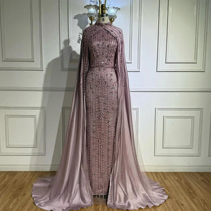 Luxury Blue Muslim Mermaid Beaded Evening Gowns with Cape Sleeves LA72533