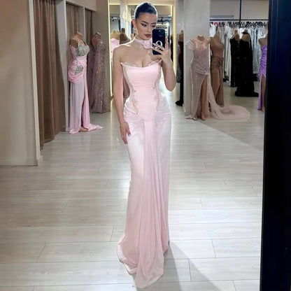 Pink   Draped Satin Evening Dress with Rose Neck LA72946