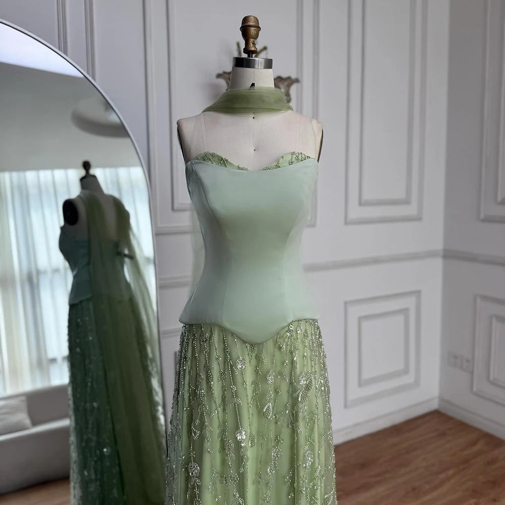 Luxury Sage Green and Pink Arabic Strapless Beaded Evening Dress LA72805D