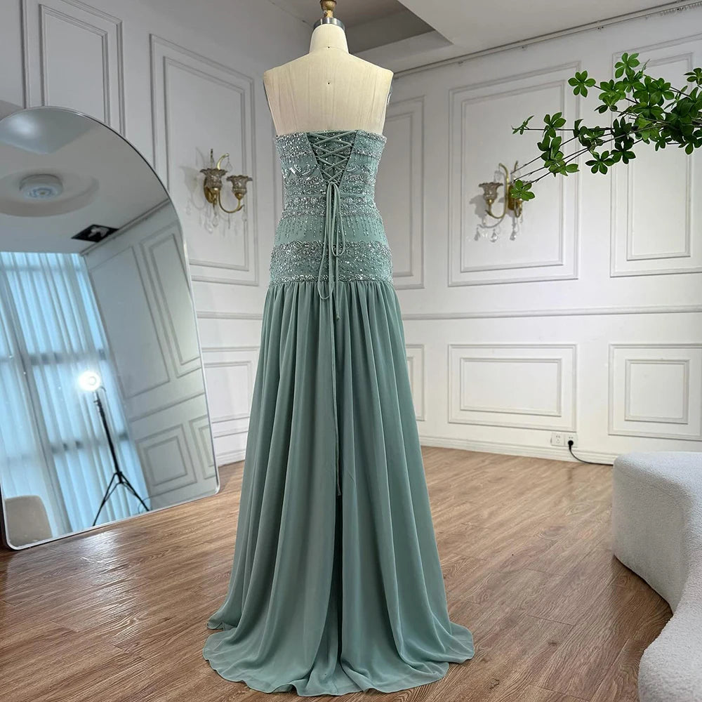 Luxury Sage Green A-Line Evening Dress with Cape LA73044A