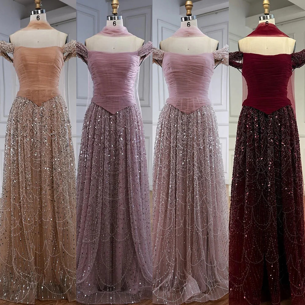 Luxury  Arabic  Pink Pearls  Evening Dress  With Cape LA72922