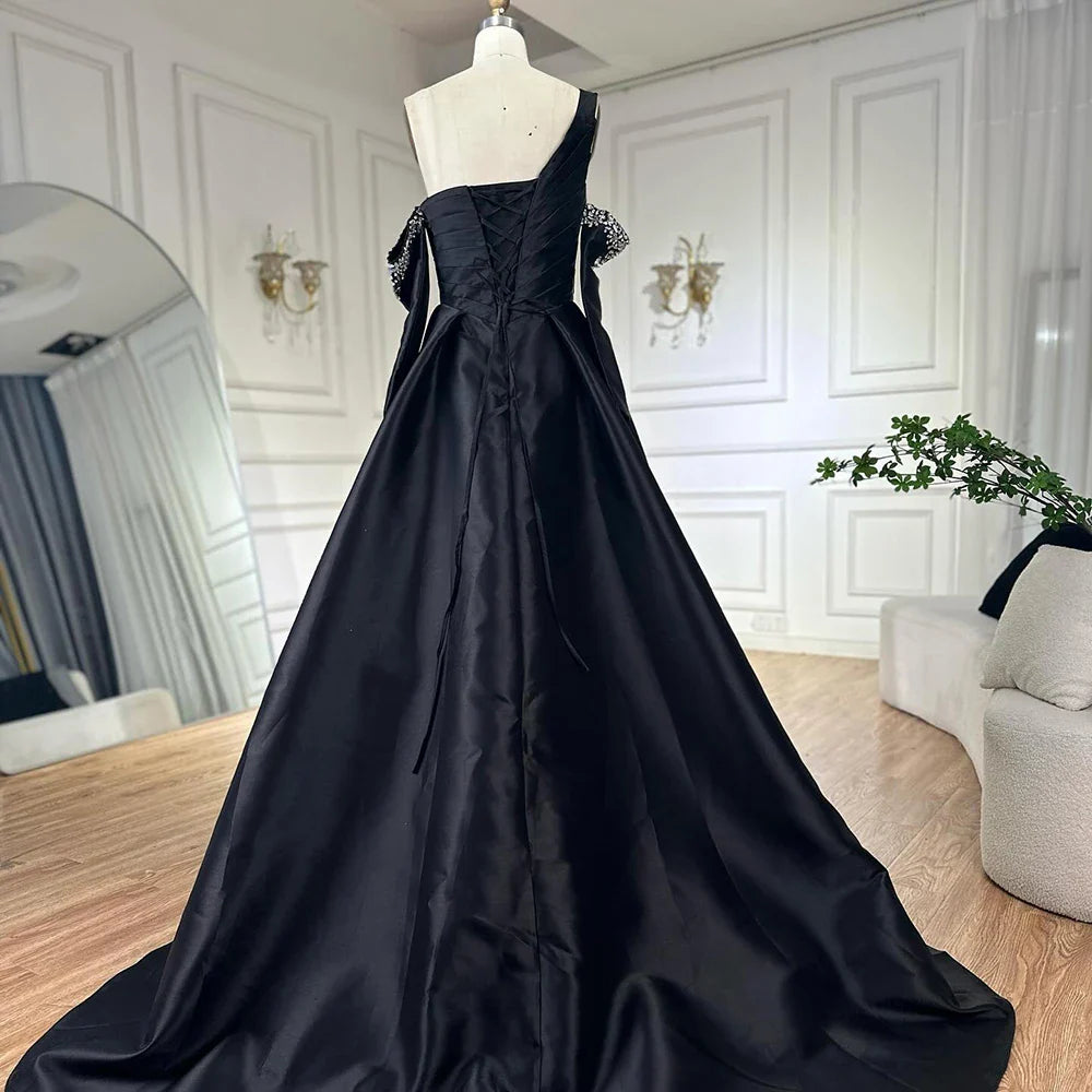 Luxury Black Satin One Shoulder Beaded A-Line Evening Dress LA72741