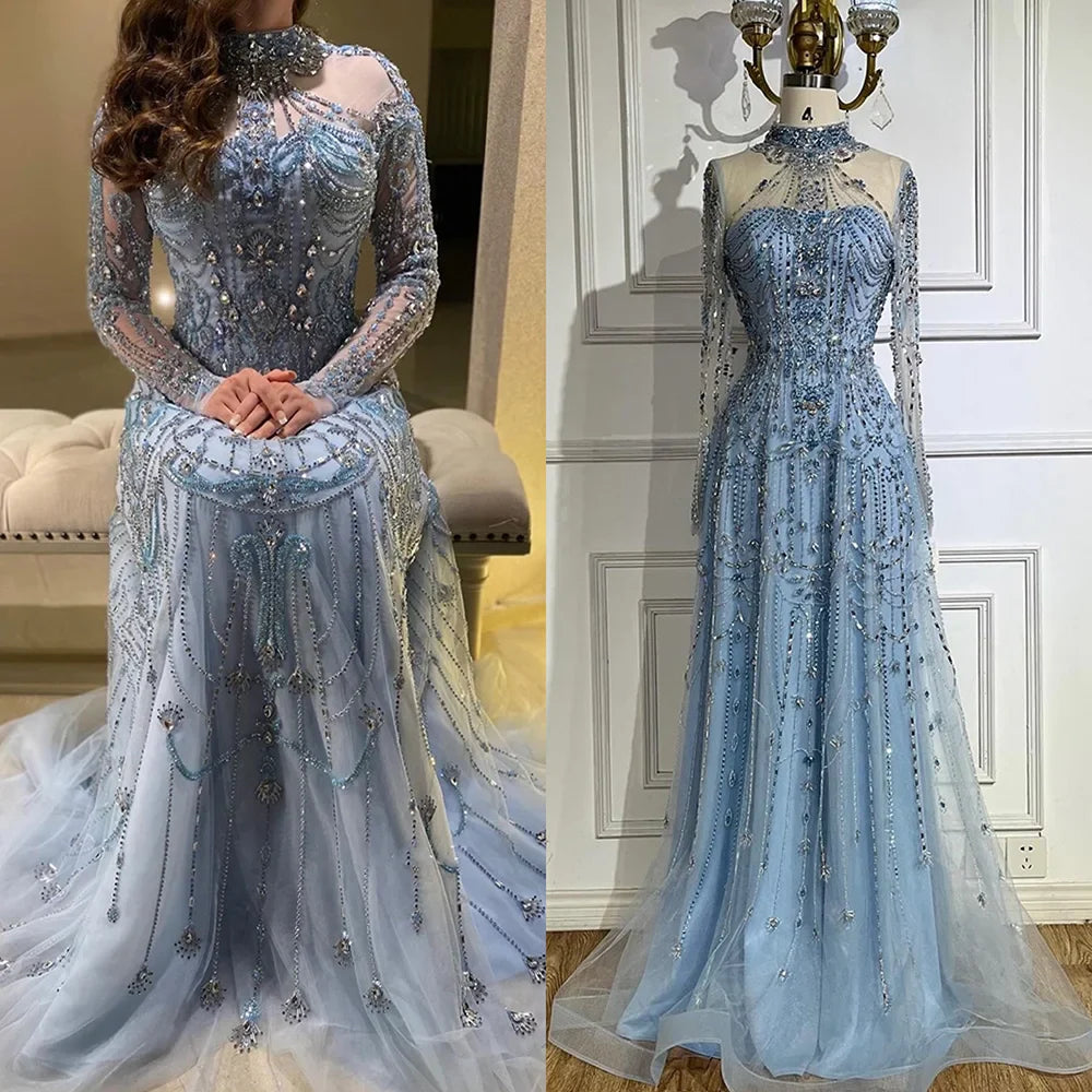 Luxury A-Line Blue Lace Beaded Turtleneck Evening Dresses LA72704