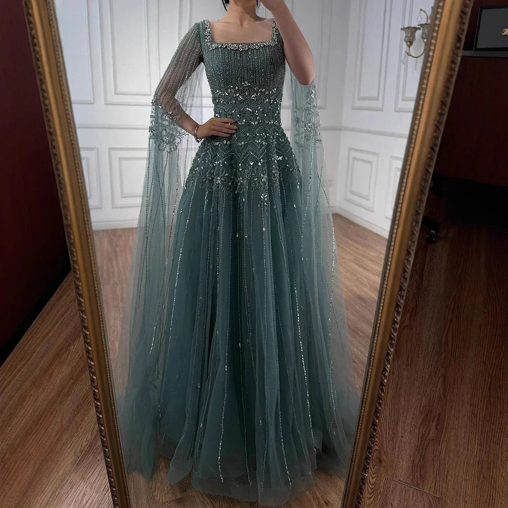 Luxury Caramel A-Line Beaded Evening Dress with Cape Sleeves LA73089A