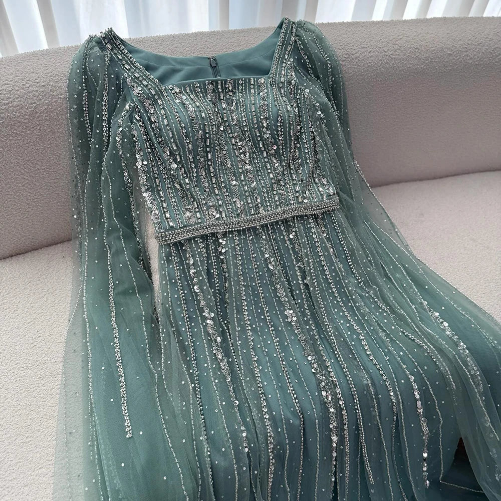 Luxury Dubai Square Neck Beaded Evening Gown with Cape LA73188
