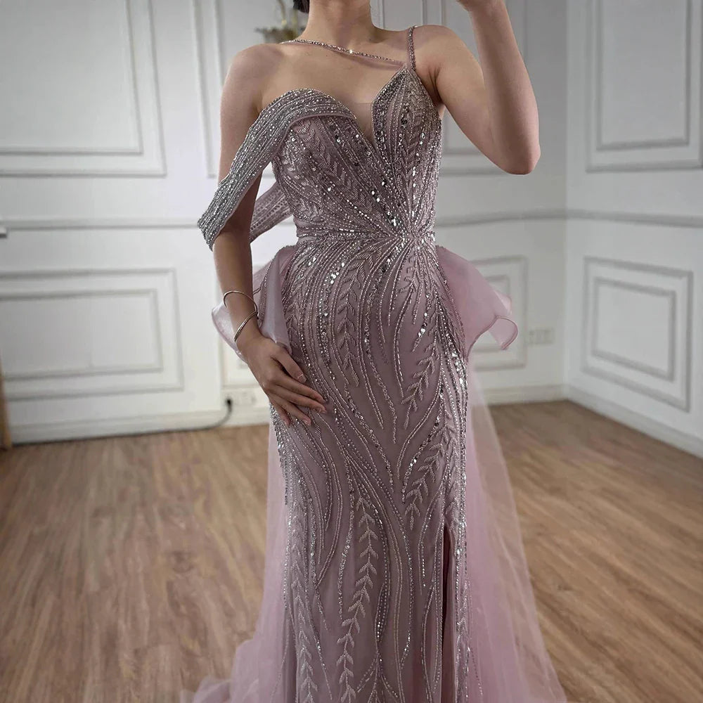 Luxury Caramel Beaded Mermaid Evening Gown with Overskirt Split LA72890