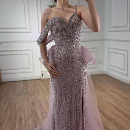 Luxury nude Beaded Mermaid Evening Gown with Overskirt Split LA72890