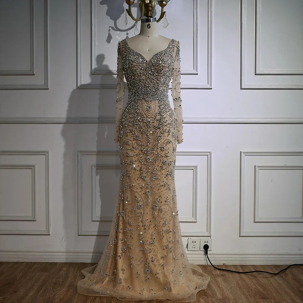 Luxury Nude Beaded Crystal Mermaid Evening Dress with Long Sleeves LA73042