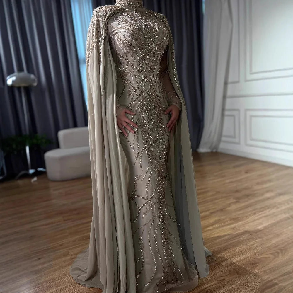 Luxury Muslim Sage Green Evening Dresses Gowns with Cape Long Sleeves LA72413A