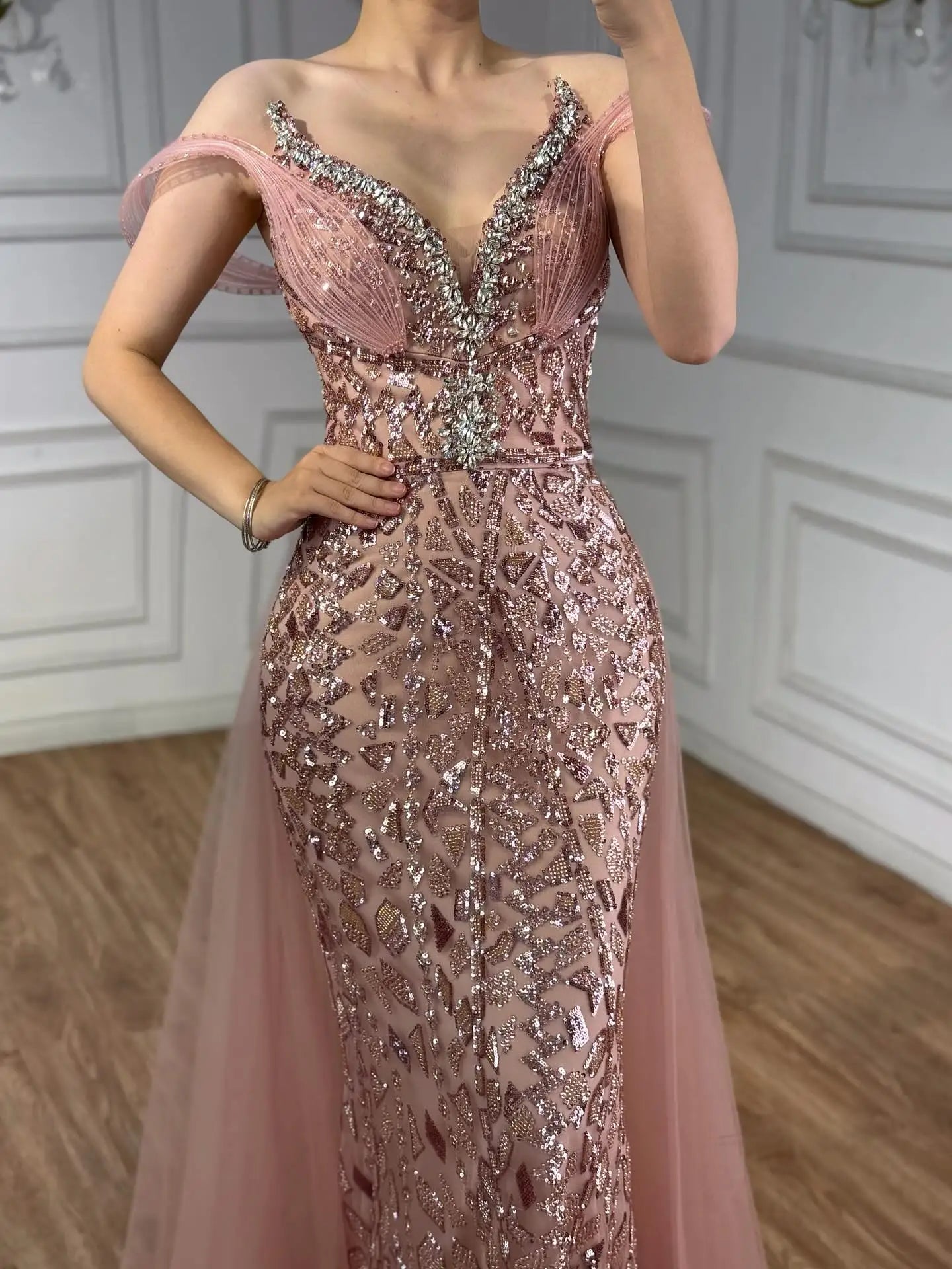 Serene Hill Pink Beaded Off Shoulder Evening Dress LA73413