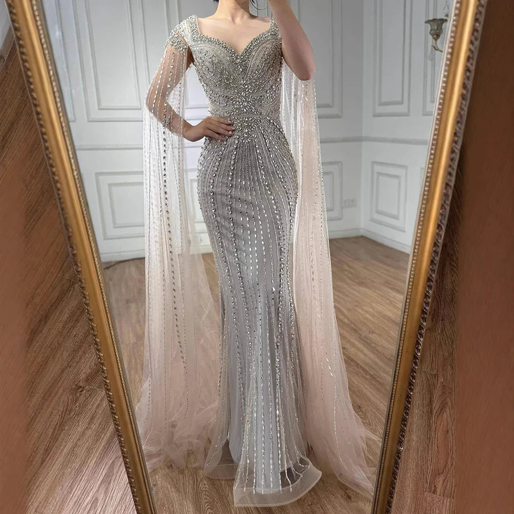 Luxury Arabic Nude Beaded Evening Dress with Cape Sleeves LA73181