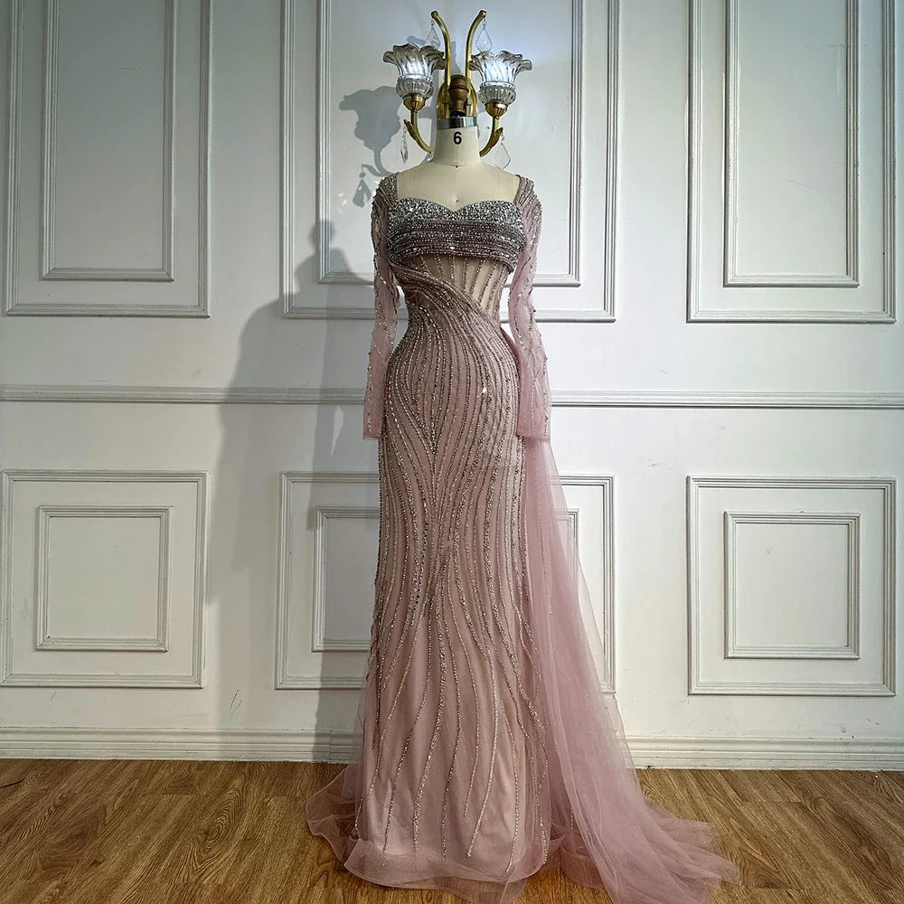 Luxury Nude Beaded Crystal Evening Dress with Overskirt LA72812