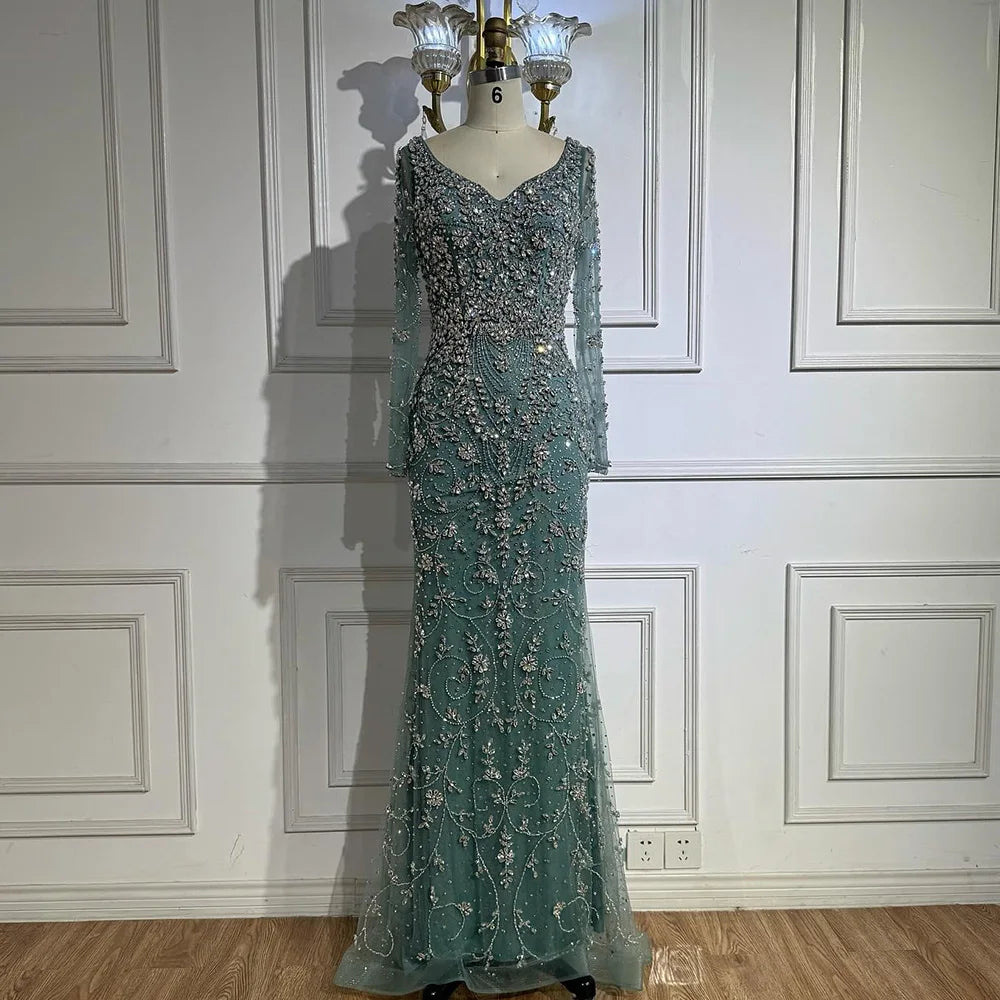 Luxury Nude Beaded Crystal Mermaid Evening Dress with Long Sleeves LA73042