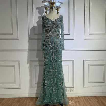 Luxury Nude Beaded Crystal Mermaid Evening Dress with Long Sleeves LA73042