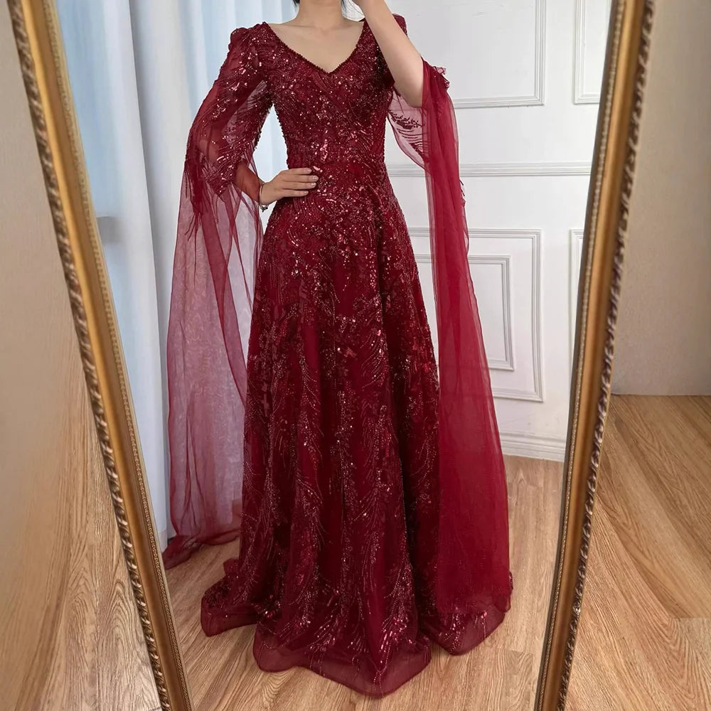 Luxury Wine Red A-Line Luxury Beaded Evening Dress with Cape LA73127