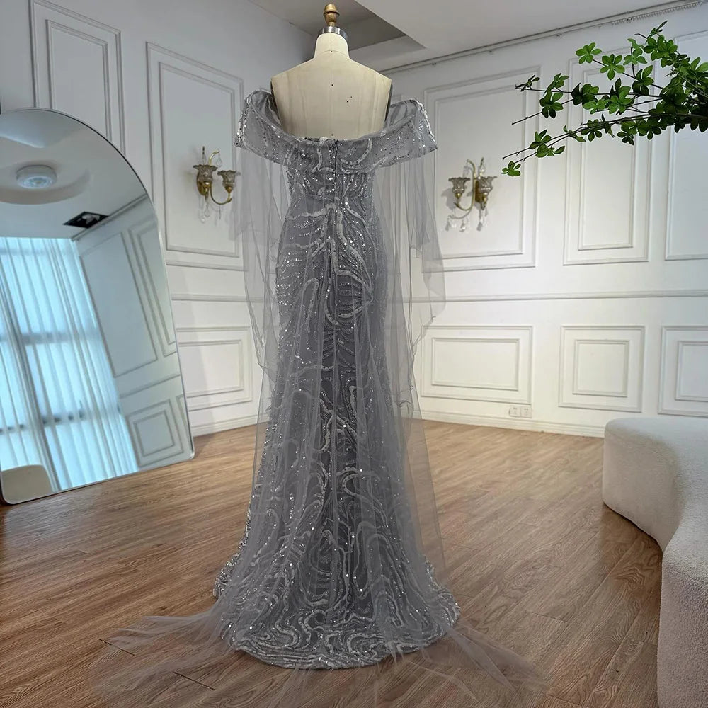 Luxury Gray Sequin Evening Dress with Cape Sleeves LA73125B