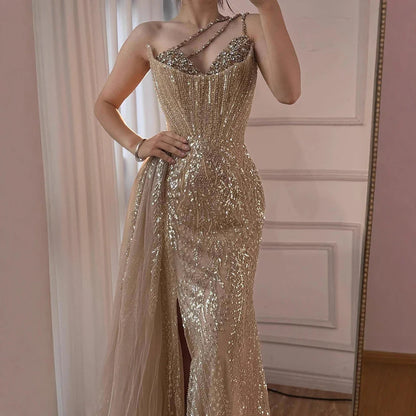 Luxury Nude Crystal Beaded One-Shoulder Evening Dress with Overskirt LA73161