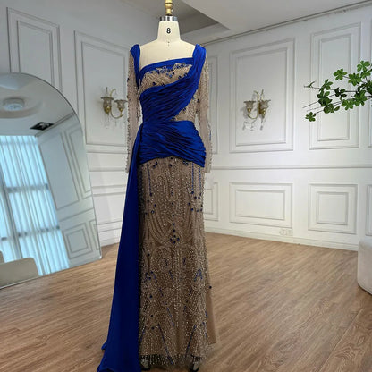 Luxury Royal Blue Velvet Beaded Mermaid Evening Dress LA72988