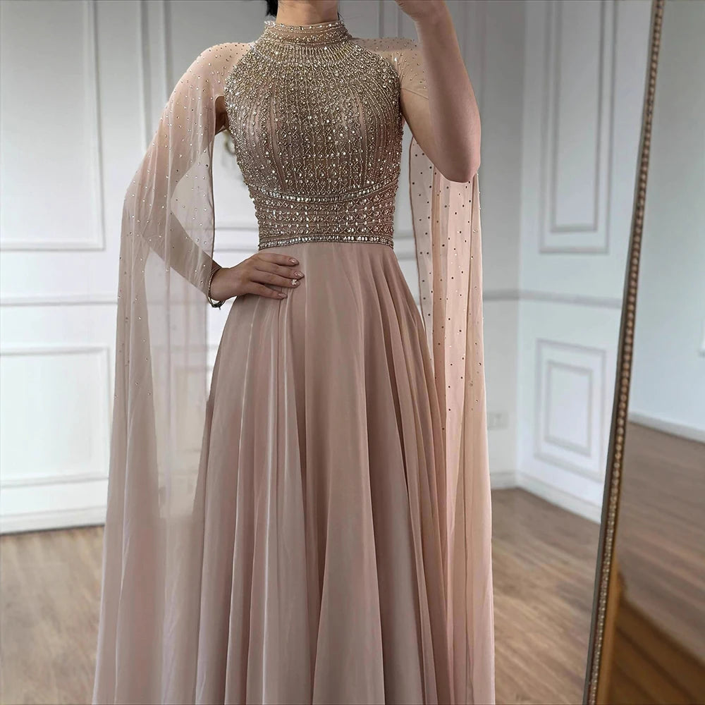 Luxury Caramel Chiffon Beaded Evening Dress with Cape LA73144