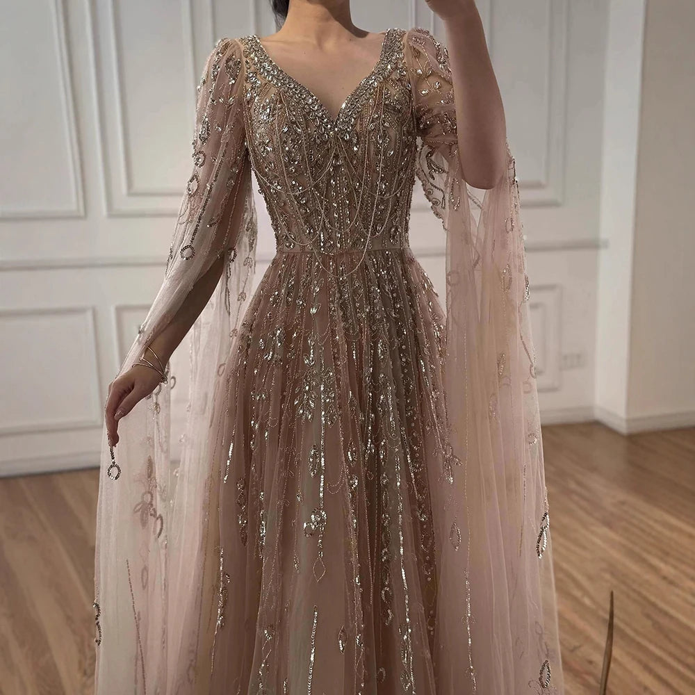 Luxury Nude Beaded Evening Dress with Cape Sleeves for Formal Occasion LA72764A